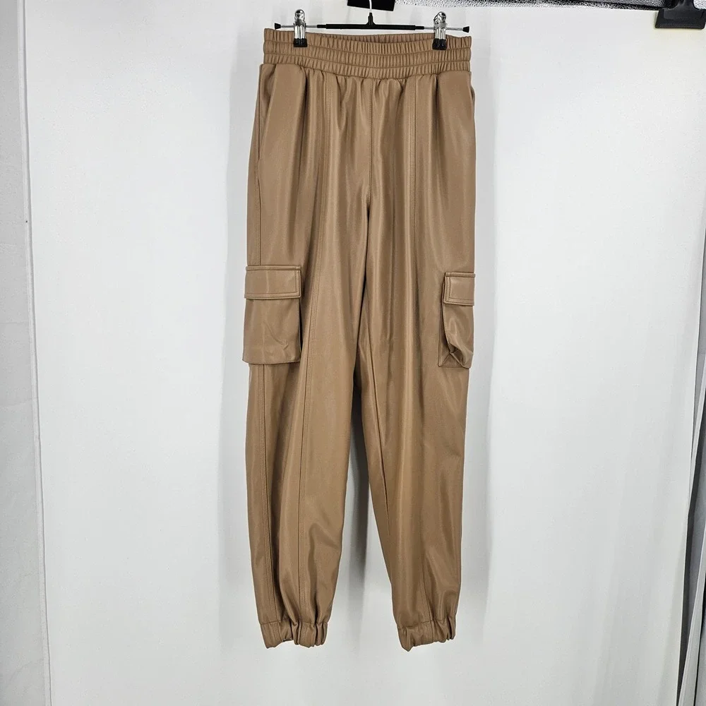 Alo Yoga Faux Leather Power Hour Jogger Pants Camel Tan High Waist Tapered Leg S